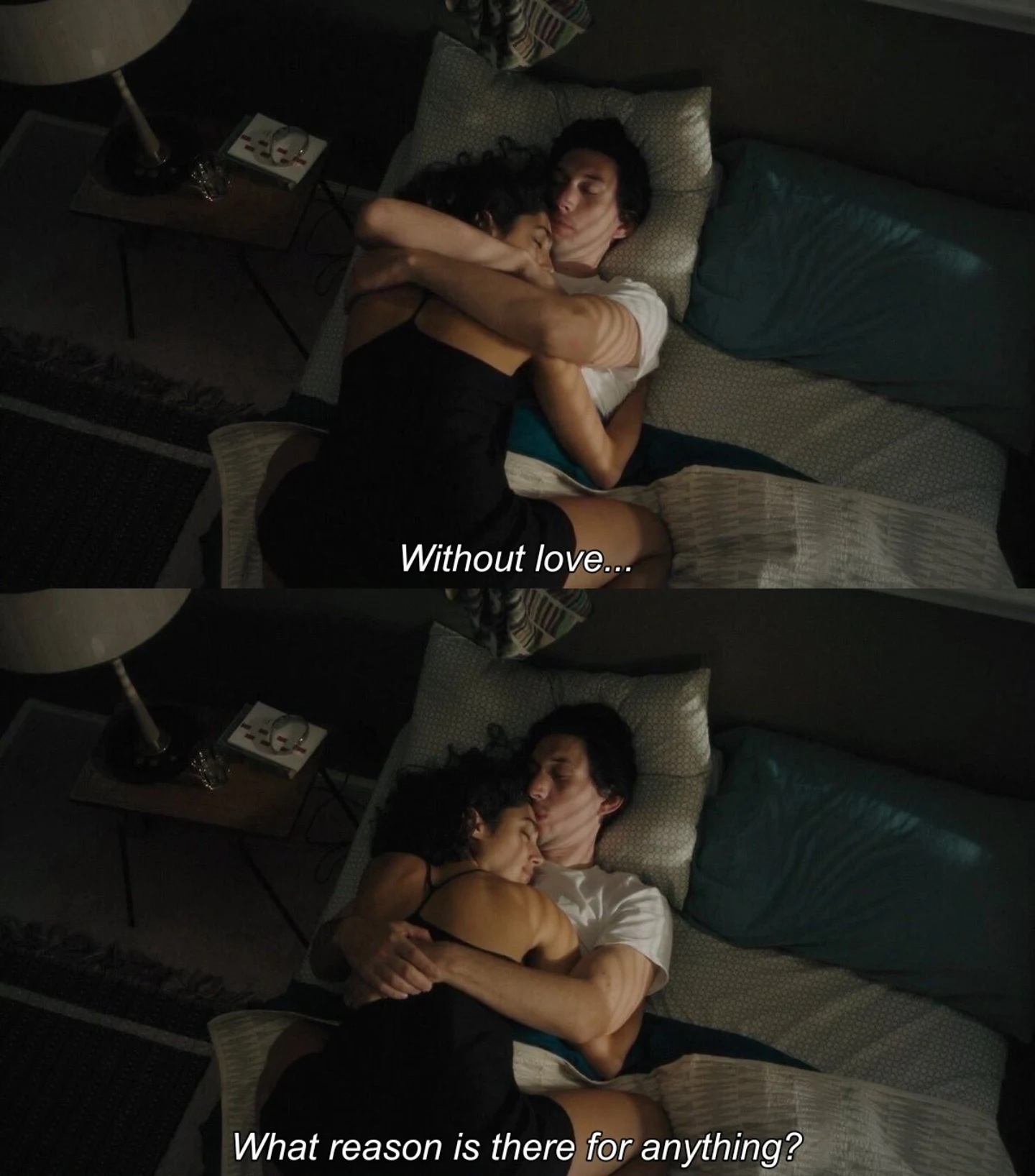 Esta imagem mostra Adam Driver e Golshifteh Farahani em uma cena do filme Paterson (2016), na legenda &ldquo;Sem amor&hellip; Que razão há para qualquer coisa?&rdquo; em tradução livre.