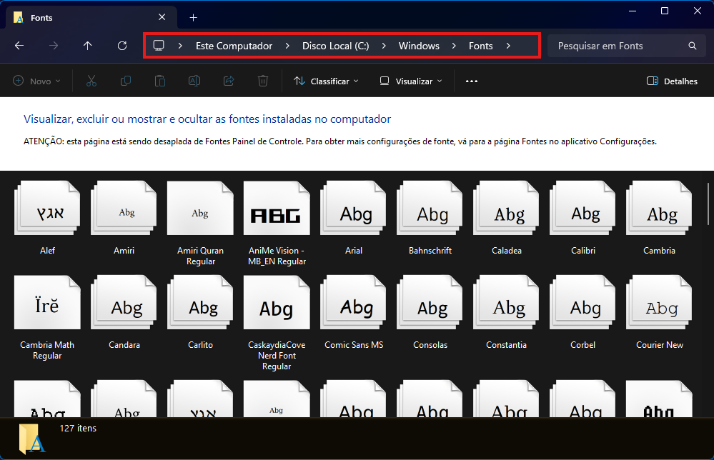 Localização da pasta de fonts do Windows